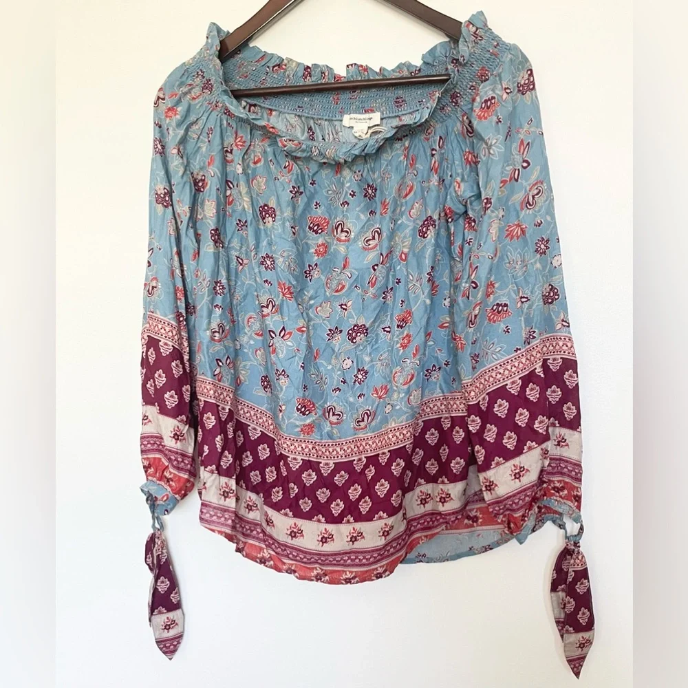 NWT Beach Lunch Lounge Blouse Women Blue Pullover Top Off Shoulder Floral Boho - Picture 1 of 5